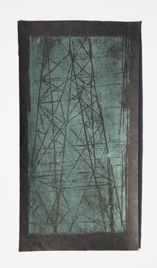 electrical tower woodcut printmaking